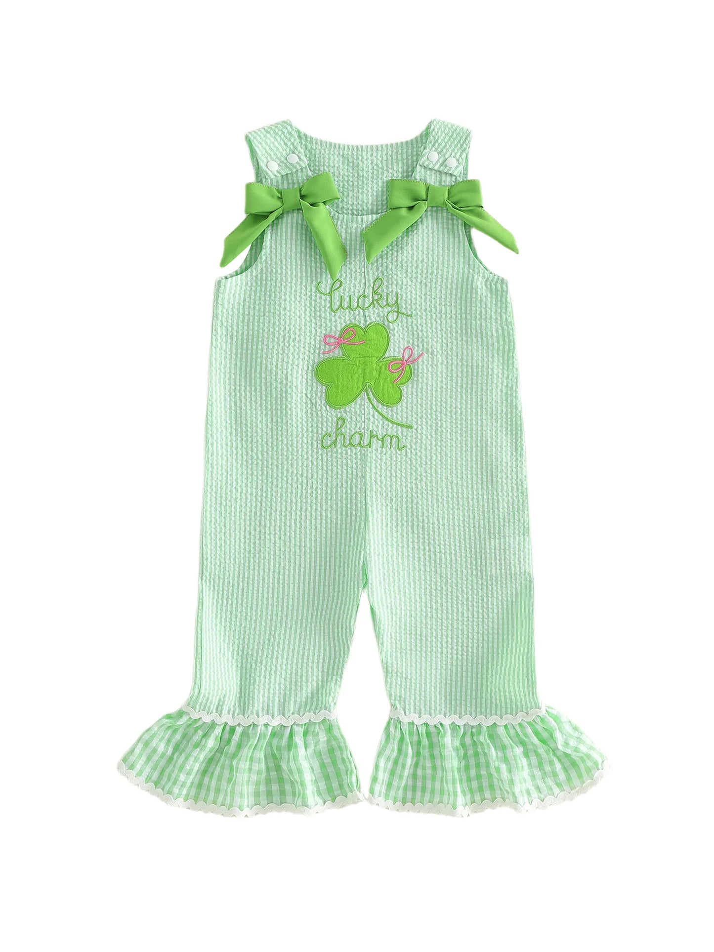 Stylish Girls St Patrick s Day Overall Jumpsuit with Sleeveless Design Embroidered Clover Detail and Flared Pants