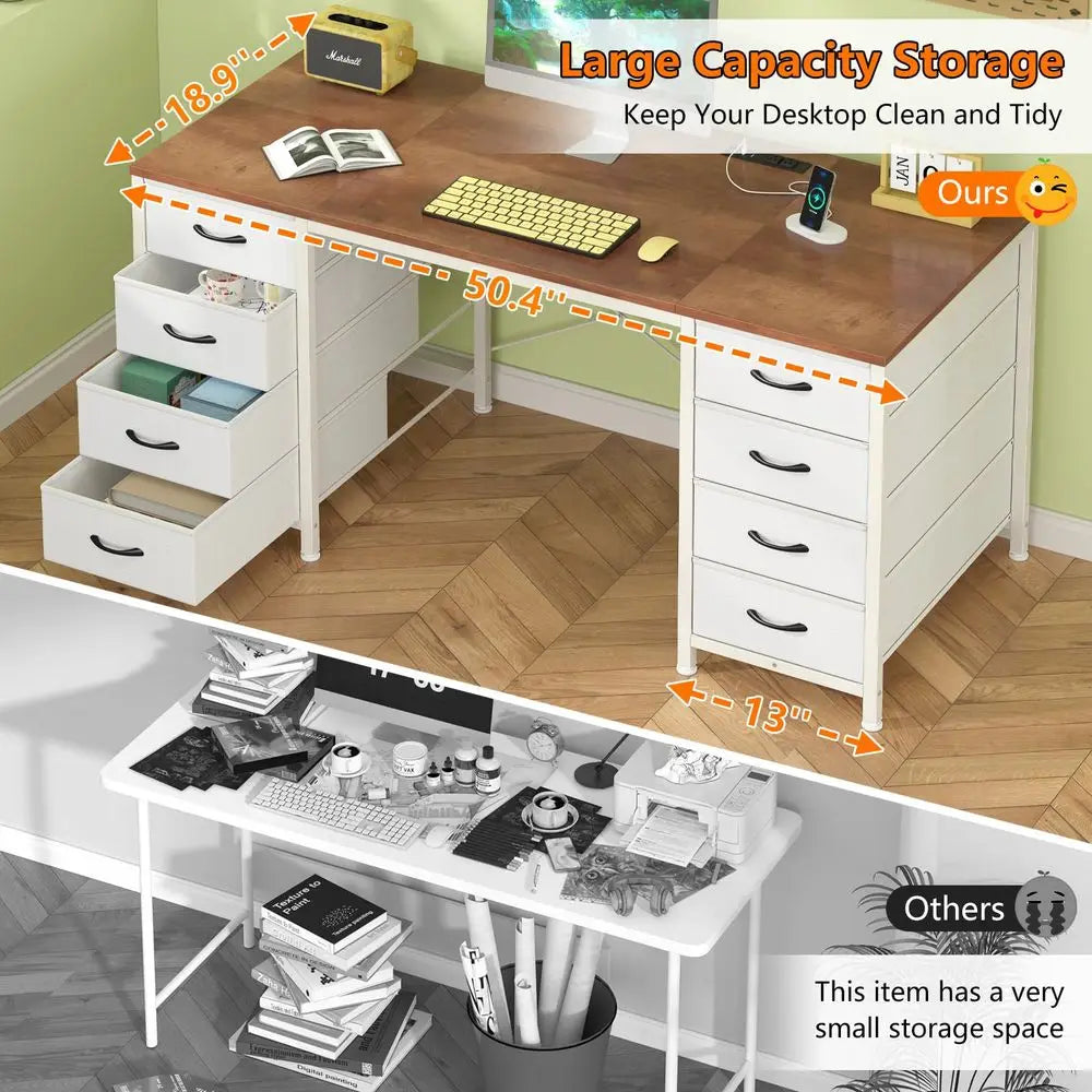 L Shaped Computer Desk with 8 Drawers and Power Outlets for Home Office