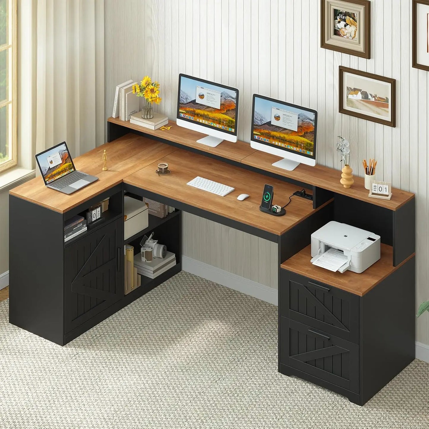 62.2" Farmhouse L Shaped Home Office Desk, Drawers, Storage Shelves & Power Outlet, Custom