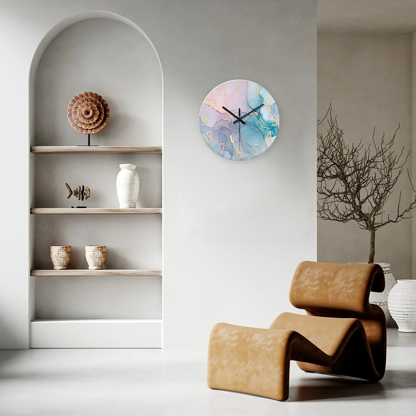 A Minimalist Modern High-End Watercolor Marble Texture Wall Clock with Silent Movement, Featuring 4MM Thick Tempered Glass, Suit