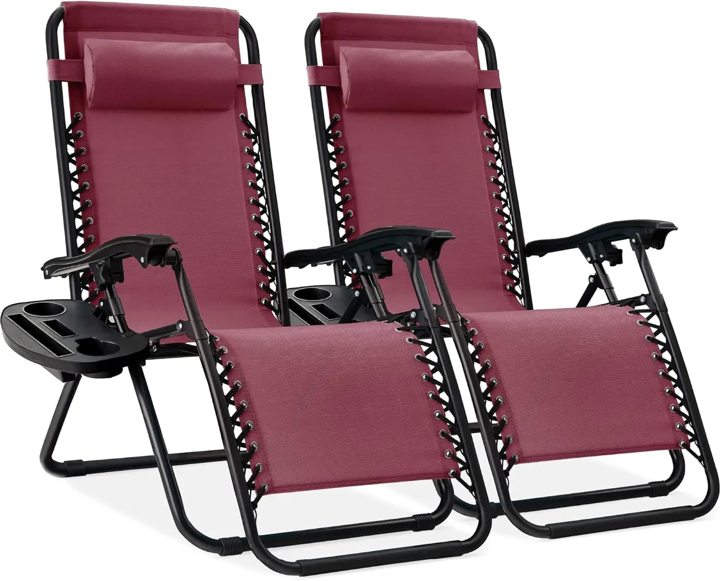 Set of 2 Adjustable Steel Mesh Zero Gravity Lounge Chair Recliners w/Pillows and Cup Holder Trays - Tan Striped