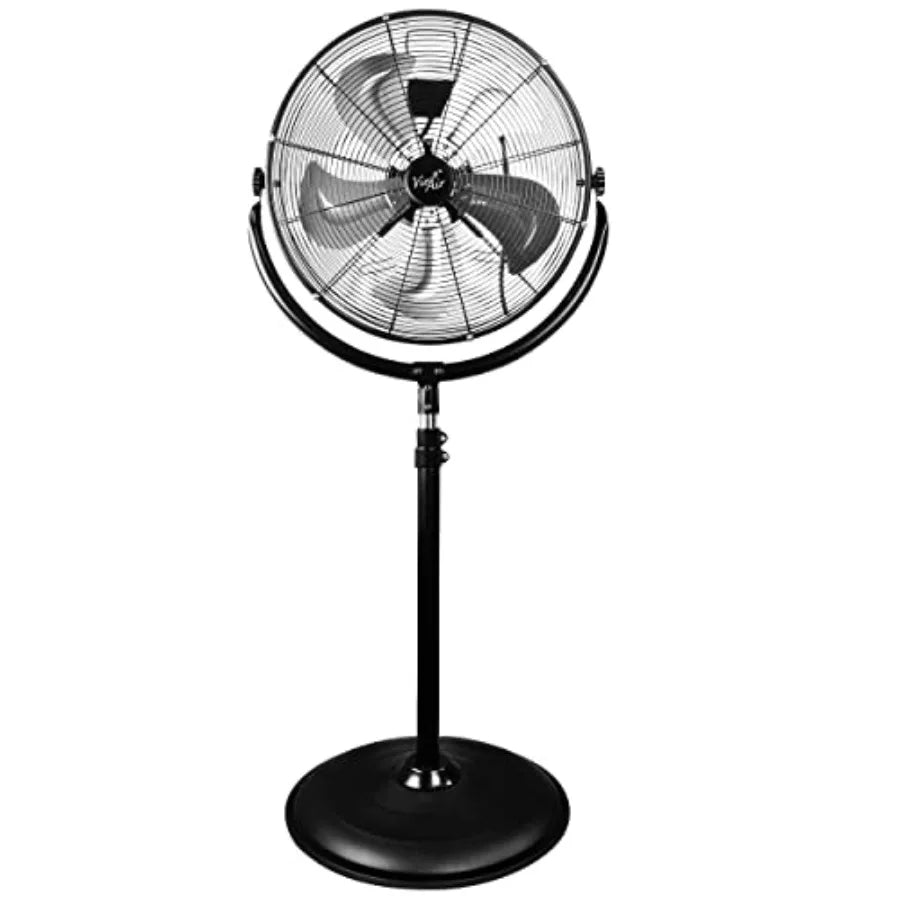 Industrial heavy duty metal pedestal drum fan for workshop use, black, 360 tilting with high velocity and quiet operation