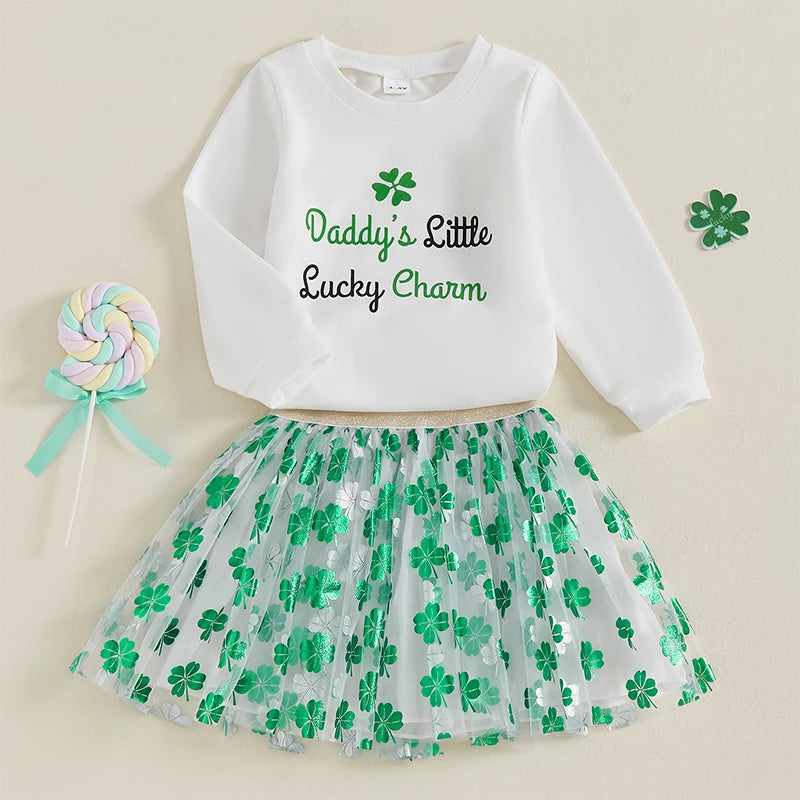 Girls 2-Piece Set Long Sleeve Shamrock Print Sweatshirt and Puffy Gauze Skirt - St Patrick s Day Outfit for Little Princesses
