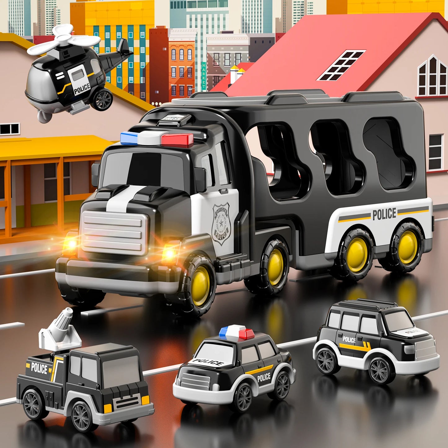 5 In 1 Police Truck Sets Kids Toys Cars Toddler Carrier Truck Pull Back Cars Transport Vehicles Toys Birthday Gifts Boys Girls