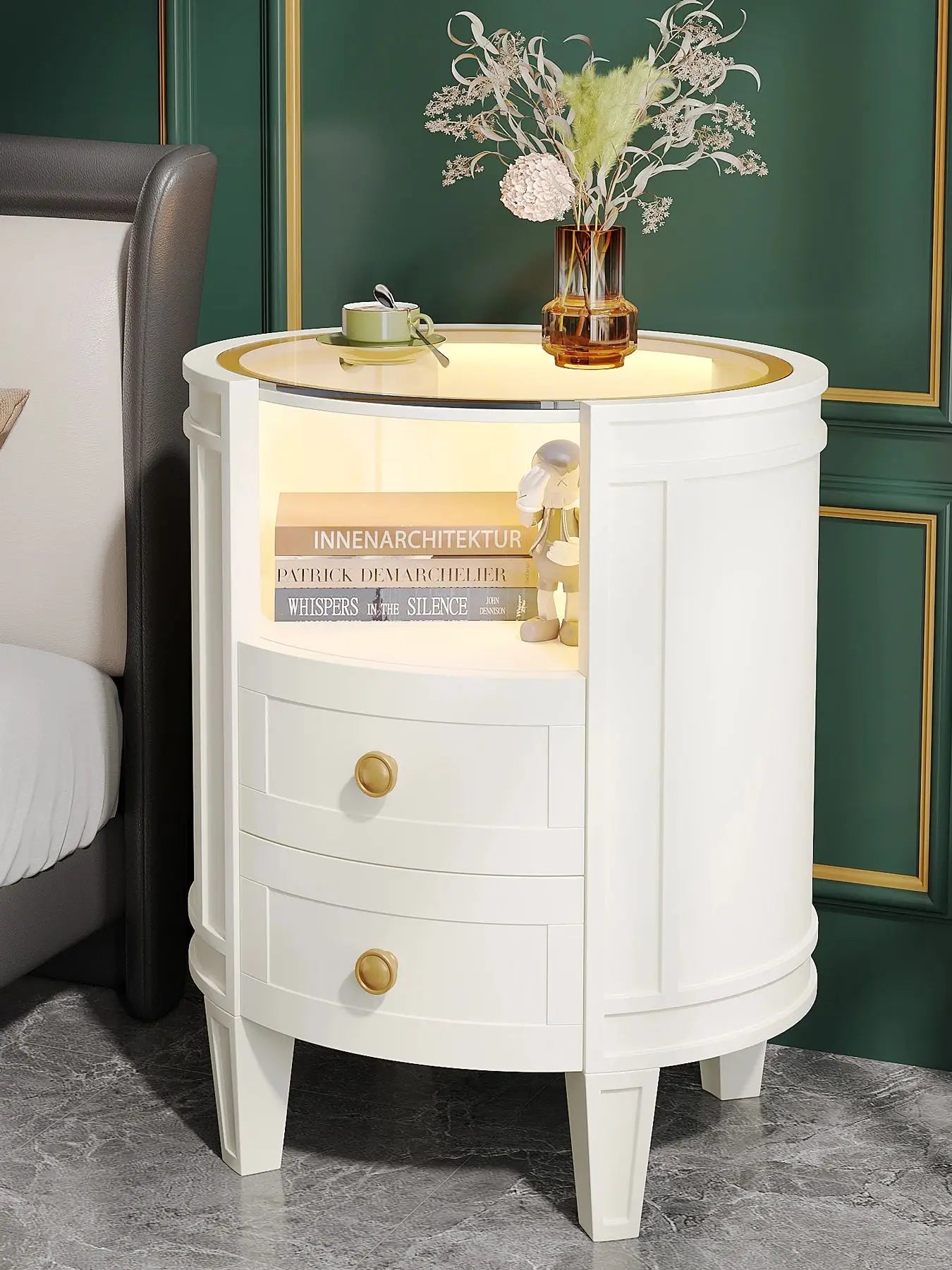 LITTLE TREE 2-Drawer Nightstand with Glass Tabletop, Modern White Oval LED Nightstands, No Assembly Required