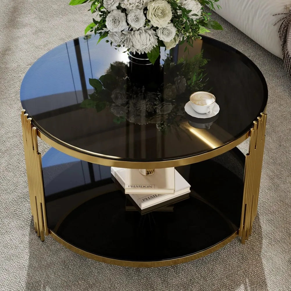 mirror coffee table, asymmetrical metal, circular metal drum base, gold finish lower shelf modern, black