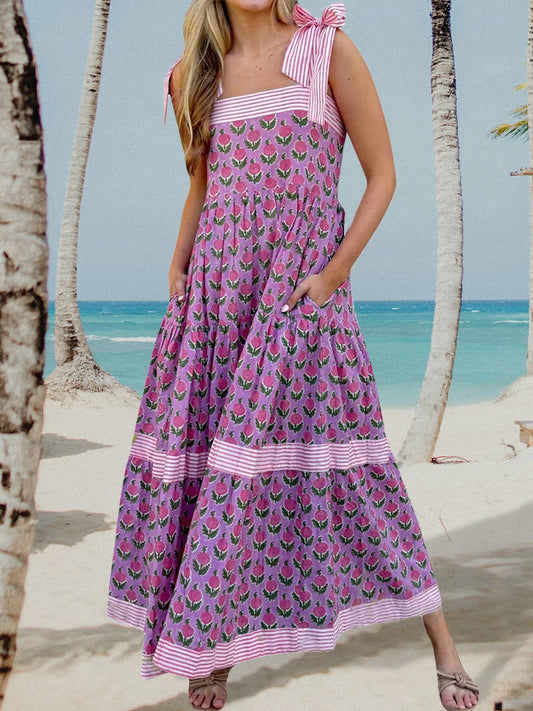 Elegant Maxi Dress with Boho Floral Print and Adjustable Tie-Up Straps Sleeveless Summer Fashion Cami Dress for Women