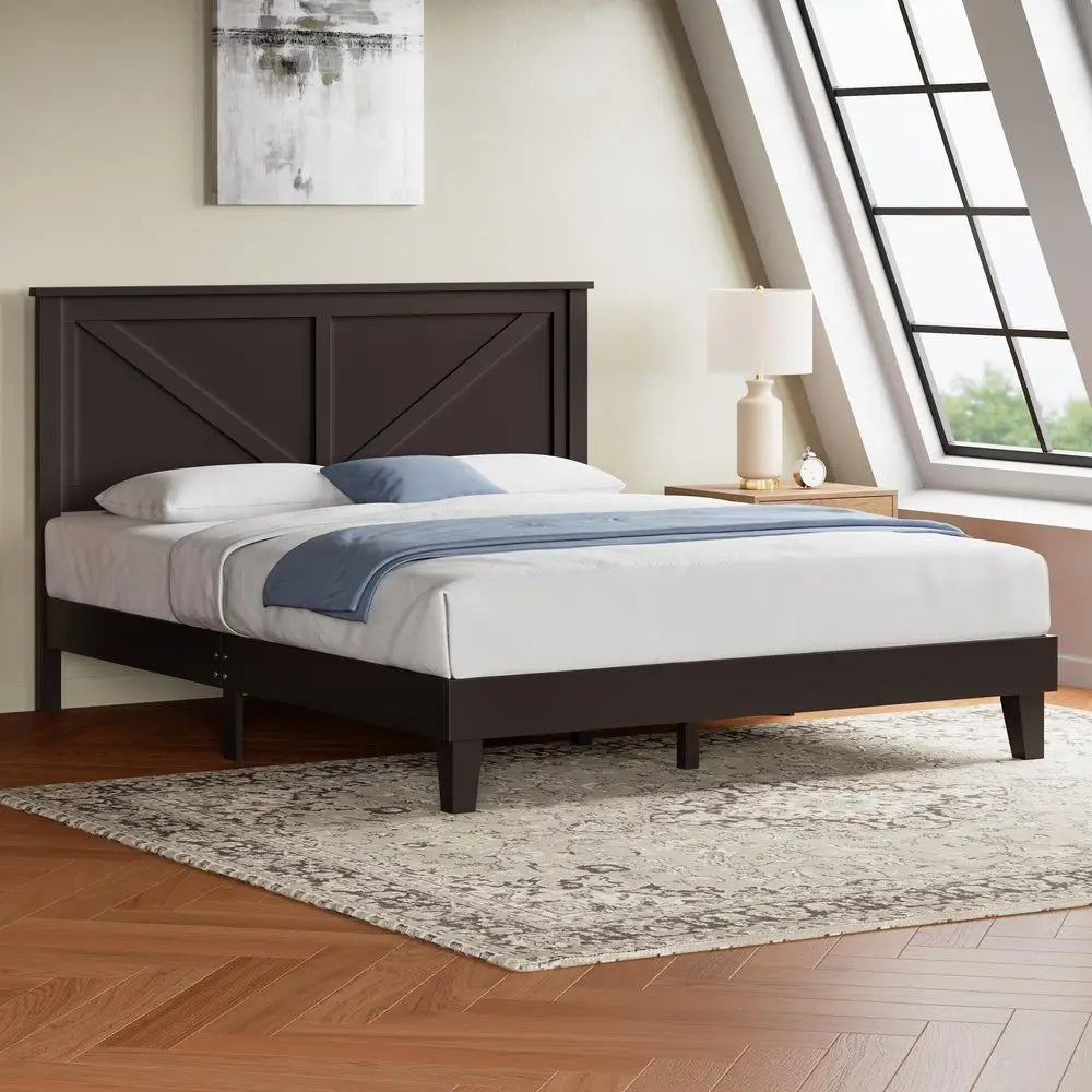 Full Size Espresso Wood Platform Bed Frame With Farmhouse Headboard 12 Slats