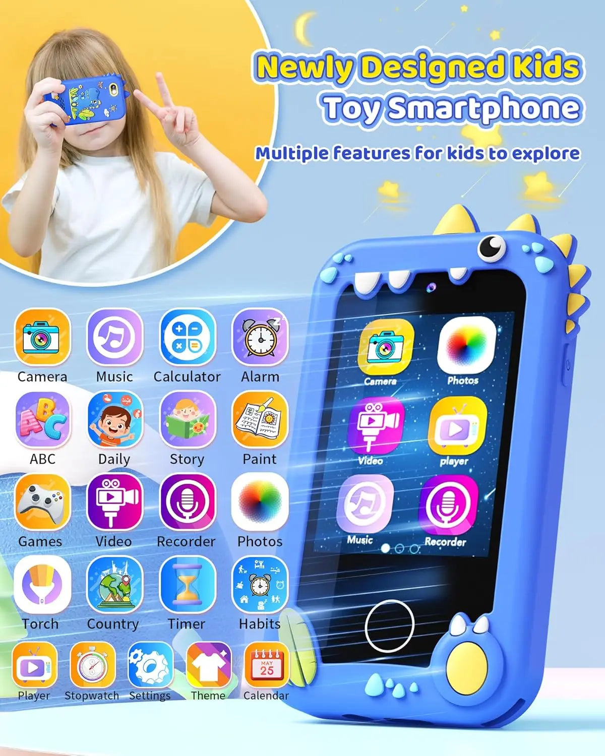 Kids Toy Smartphone, Gifts and Toys for Girls Boys Ages 3-8 Years Old, Fake Play Dinosaur Toy Phone Music Dual Camera Games