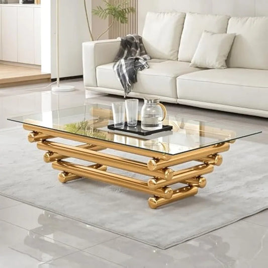 55" Glass Coffee Table, Modern Gold Coffee Tables for Living Room, Rectangular Tempered Glass Top with Stainless Steel Legs, Tea