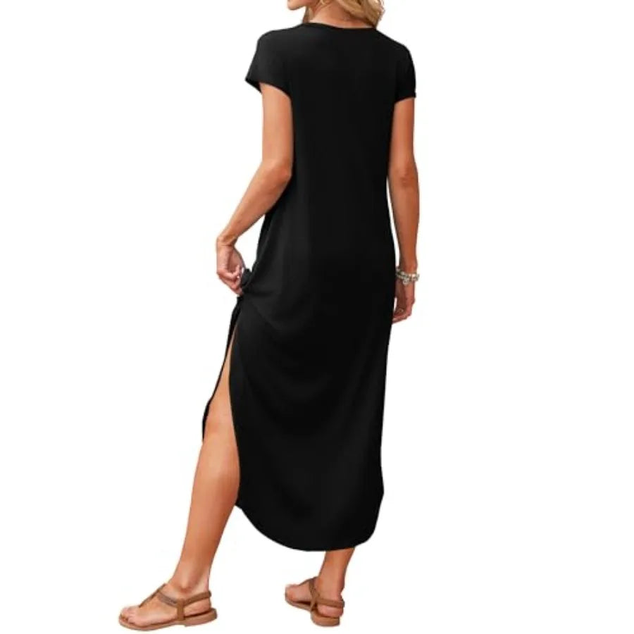 RUMIA Summer Casual Maxi Dresses for Women- Women's V Neck Cap Sleeve Long Sundress with Pockets Beach Vacation