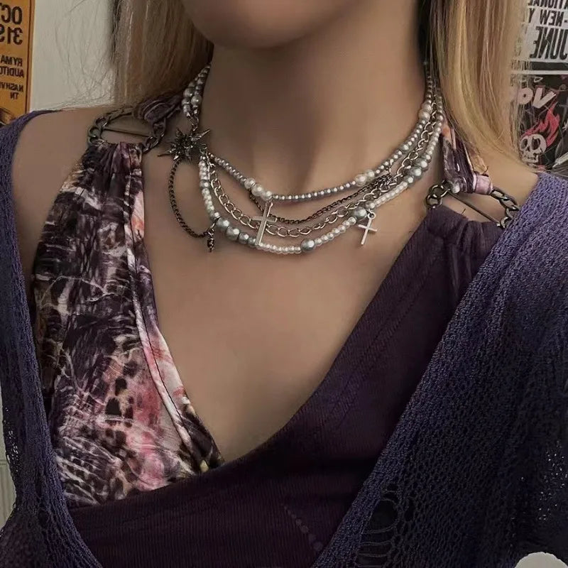 Multi layered necklace with stainless steel punk style hip-hop collarbone chain for couples to wear as holiday gift