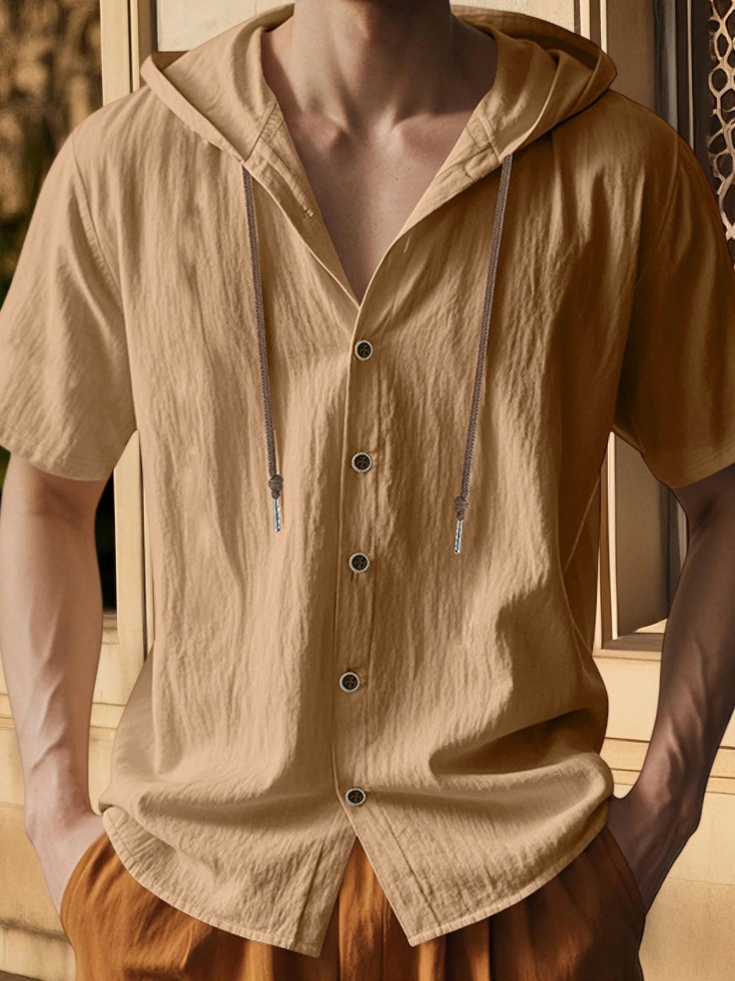 Men s Short Sleeve Hooded Shirt with Button Closure Solid Color Summer Top for Casual Daily Wear and Outdoor Activities
