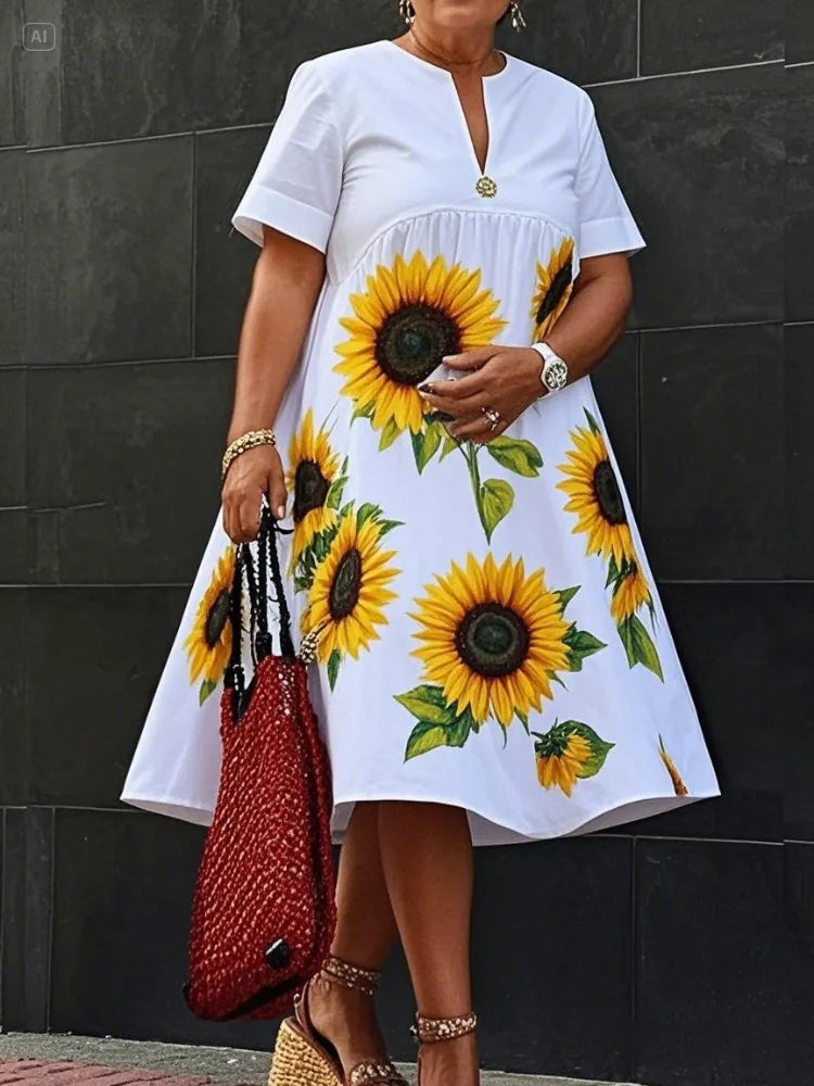 Spring Summer Women White Cotton A - Line Loose Flower Print Pleated V - Neck Midi Dresses Casual Large Size Vacation Outfits