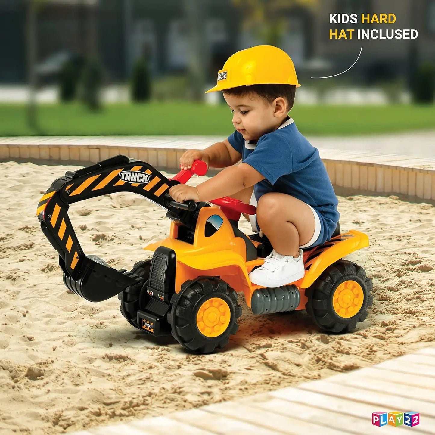 Toy Tractors for Kids Ride On Excavator - Music Sounds Digger Scooter Bulldozer Includes Helmet with Rocks - Pretend Play - Todd