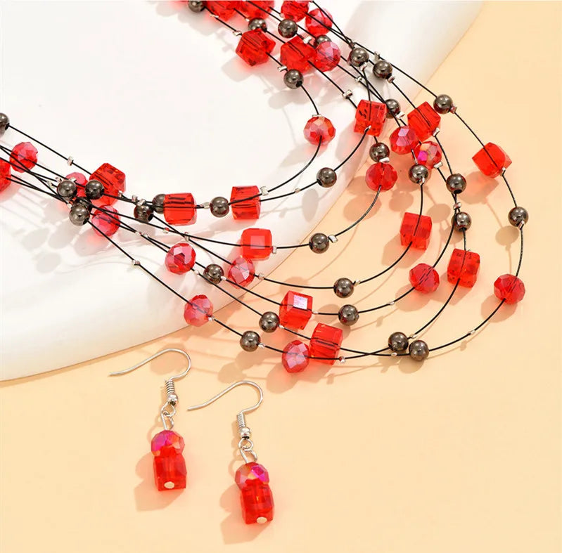 Bohemia Necklace Earrings Set For Women Square Crystal Beads Jewelry Sets Multilayer Choker Necklace Women Jewelry Set