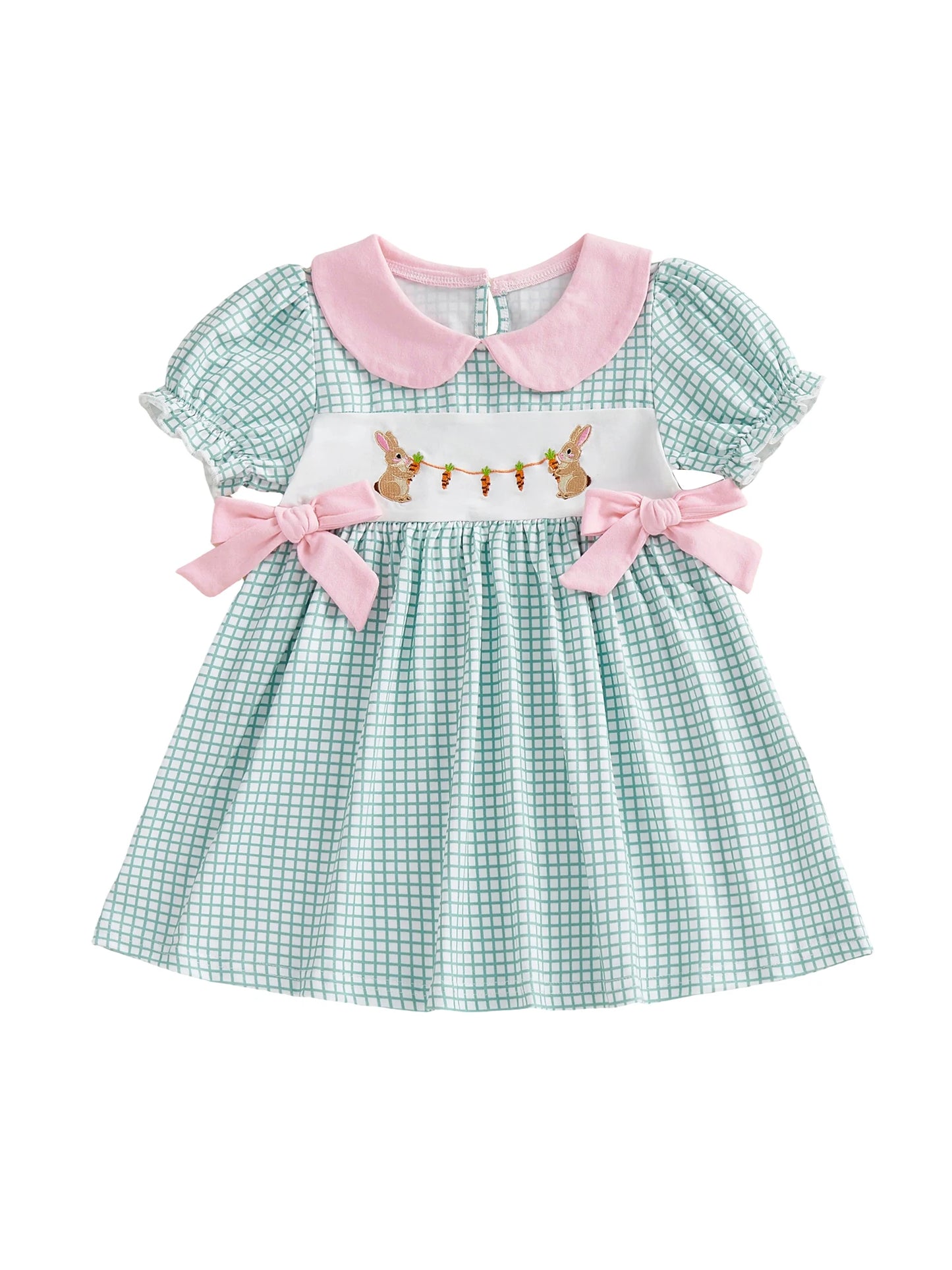 Adorable Baby Girl Easter Dress with Plaid Rabbit Carrot Embroidery Doll Collar and Bubble Sleeves for a Cute Look