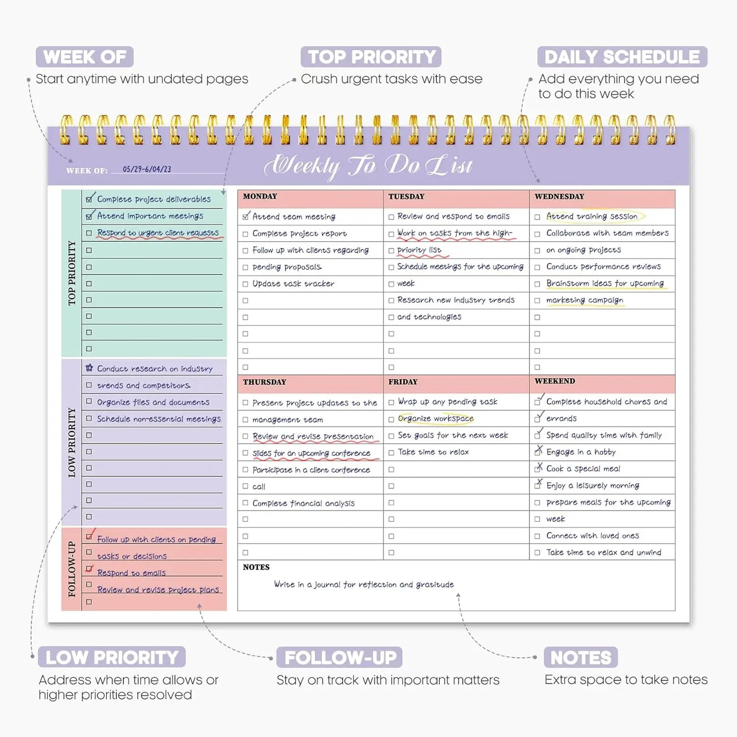 Weekly To Do List Notepad - 52 Undated Sheets, 8.5"x11", Desk Planner for Women & Men, Work and Home - 1 Pack Violet Dream