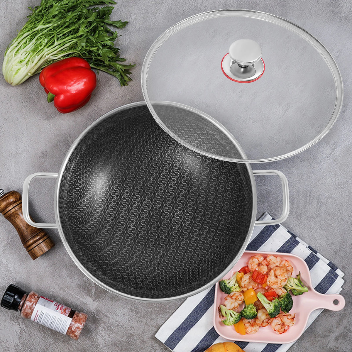 Stainless Steel Nonstick Wok Pan With Tempered Glass Lid For Most Stoves