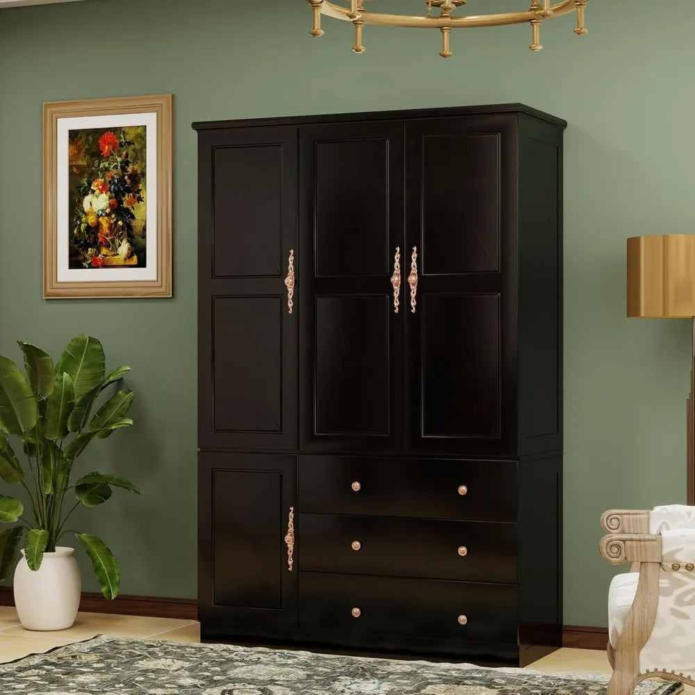 4-Door Solid Wood Armoire - Elegant Wardrobe with 2 Drawers & Dual Hanging Rods
