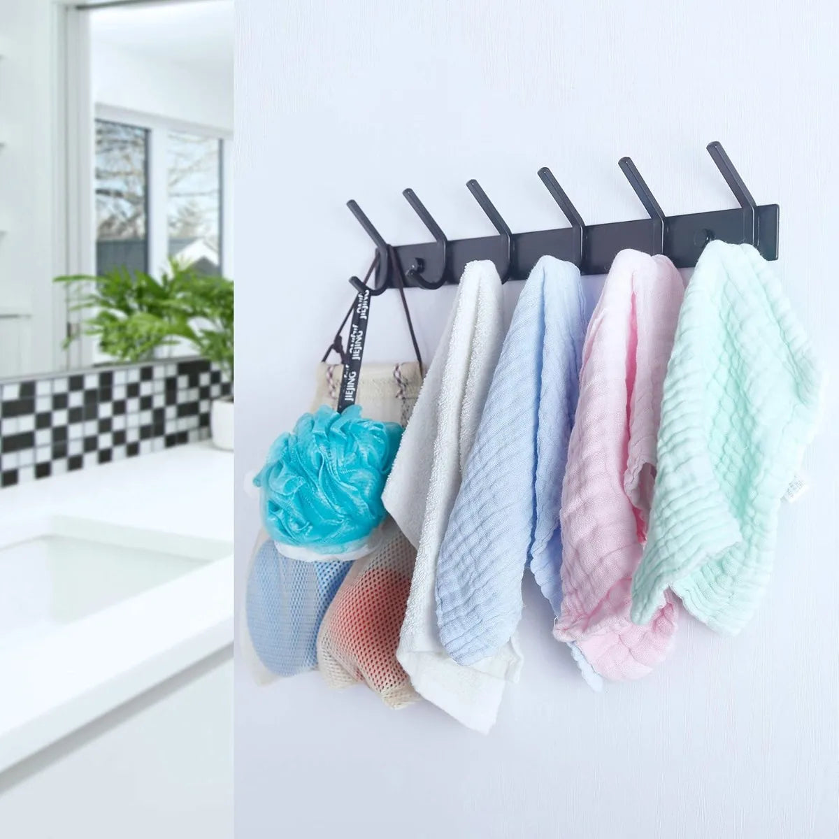 Wall Mounted Coat Rack with 6 Double Hooks Heavy Duty Metal Rail for Purse Clothes Jacket Entryway Black