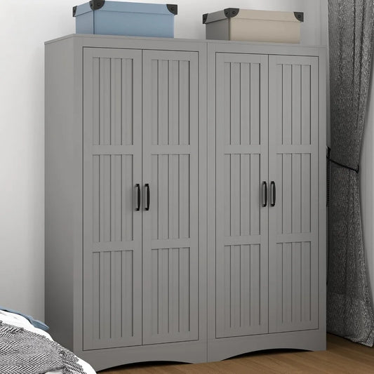 Wardrobe Closet with 4 Doors, Wooden Modern Freestanding Armoire with Shelves and Hanging Rod, Clothes Organizer Cabinet for Bed
