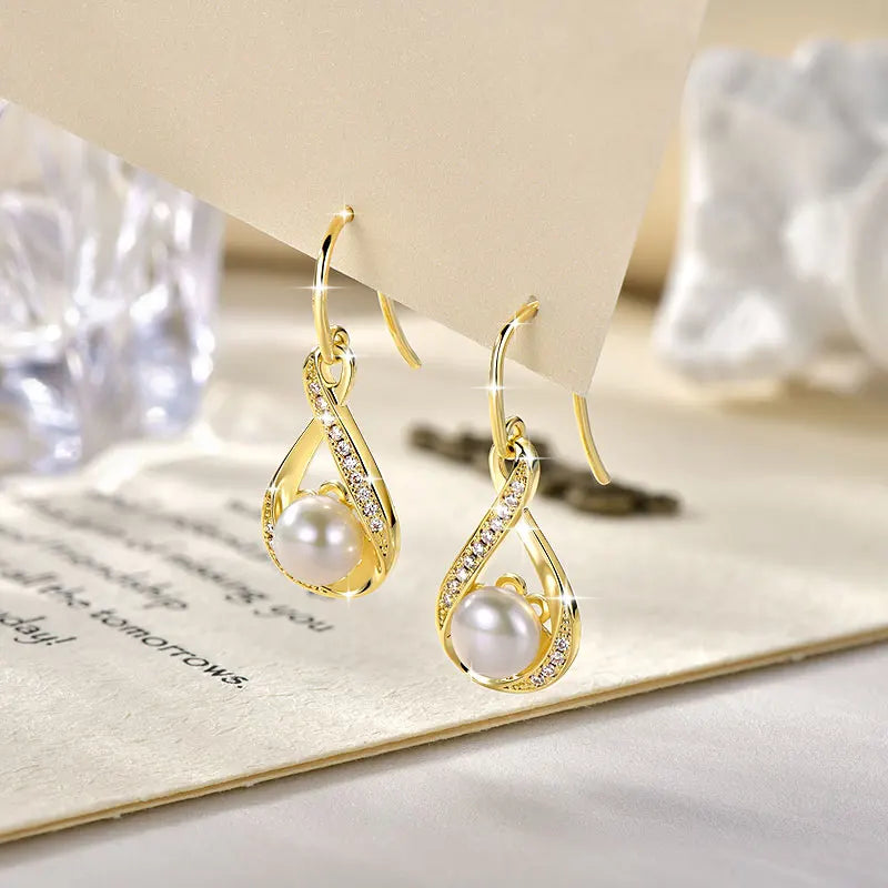 OXTAO Infinity D Moissanite Dangle Hook Earrings for Women 8mm Natural Freshwater Pearl Earrings Wedding Jewelry Gift 14K Gold Filled