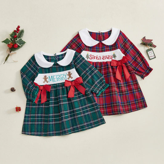 Winter Christmas Kids Toddler Baby Girl Dress Plaid Tree Collar Long Sleeve A-line Dress Bows Fall Xmas Clothes
