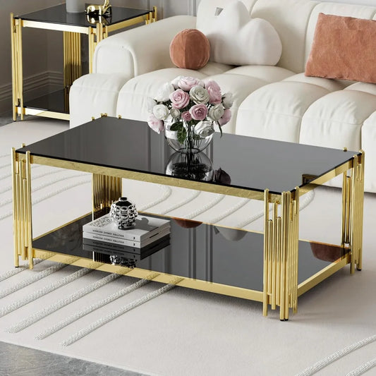 Luxury Rectangular Tempered Glass Coffee Table with Gold Stainless Steel Legs for Modern Living Rooms