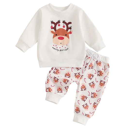 Toddler Boys Christmas Outfits Deer Print Long Sleeve Sweatshirts and Long Pants 2Pcs Clothes Set