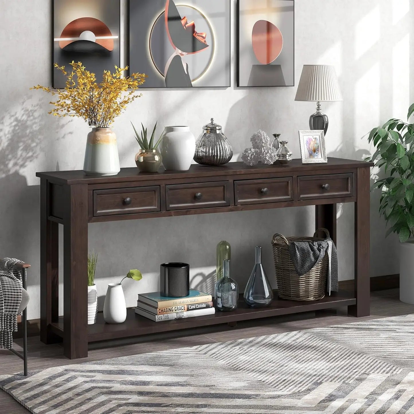 Console Table with 4 Storage Drawers Bottom Shelf, Rustic Distressed Sofa Table for Entryway Hallway, Assembly, Customized