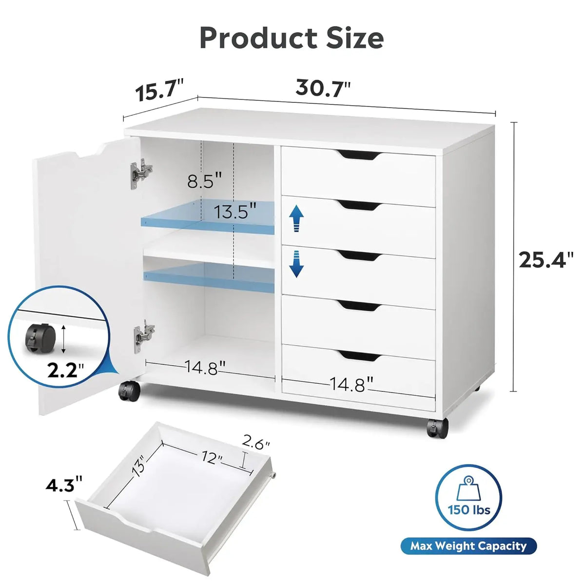 5-Drawer Wood Drawer Cabinet, Office Storage Cabinet with Adjustable Shelf & Wheels, Printer Stand for Home Office, Customized
