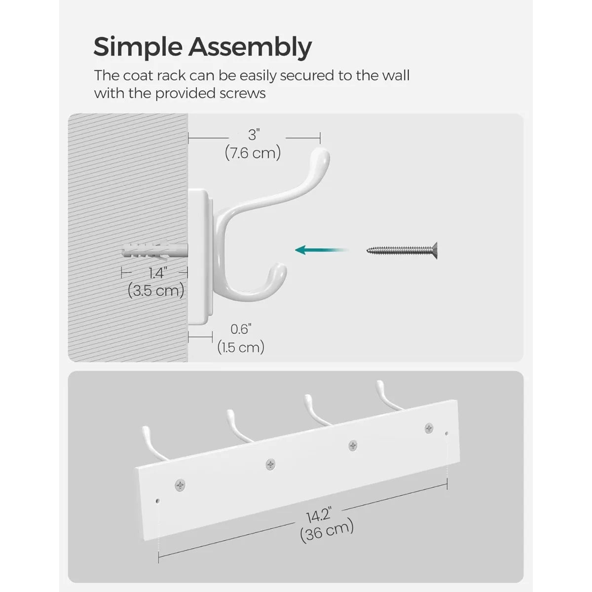 Wall Mounted Coat Rack with 4 Dual Metal Hooks for Entryway Bedroom Living Room Storage White