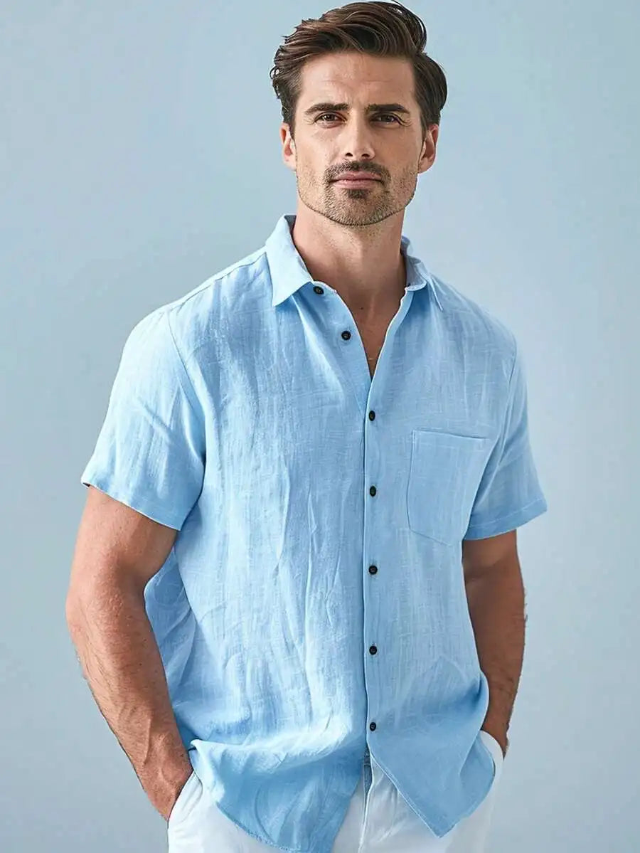 Mens Solid Color Short Sleeve Casual Shirt With Pocket