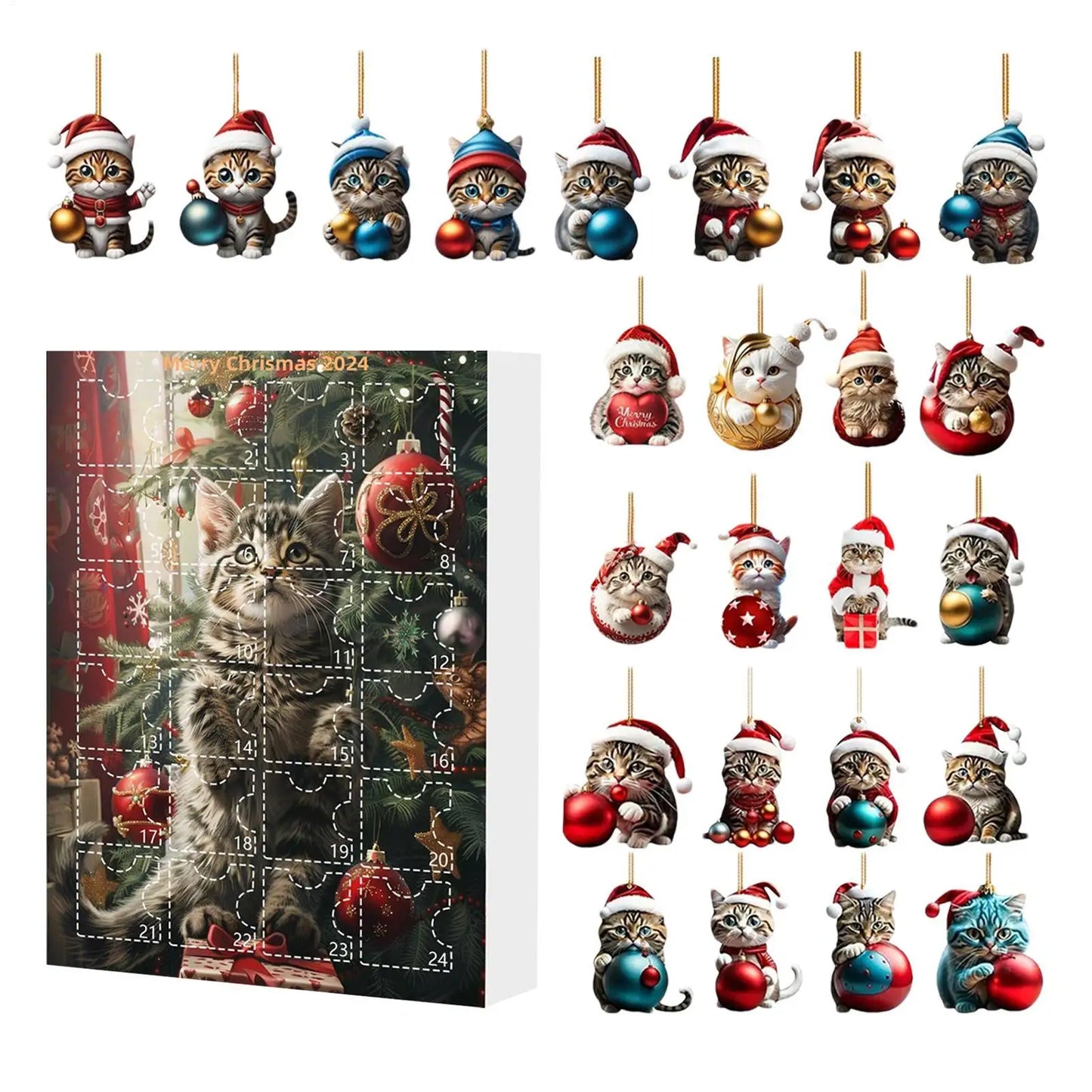 24-Day Christmas Countdown Calendar Cat Ornament Advent 2D Acrylic Cute Cat Ornaments Animal Charm Pendant for Window Backpack