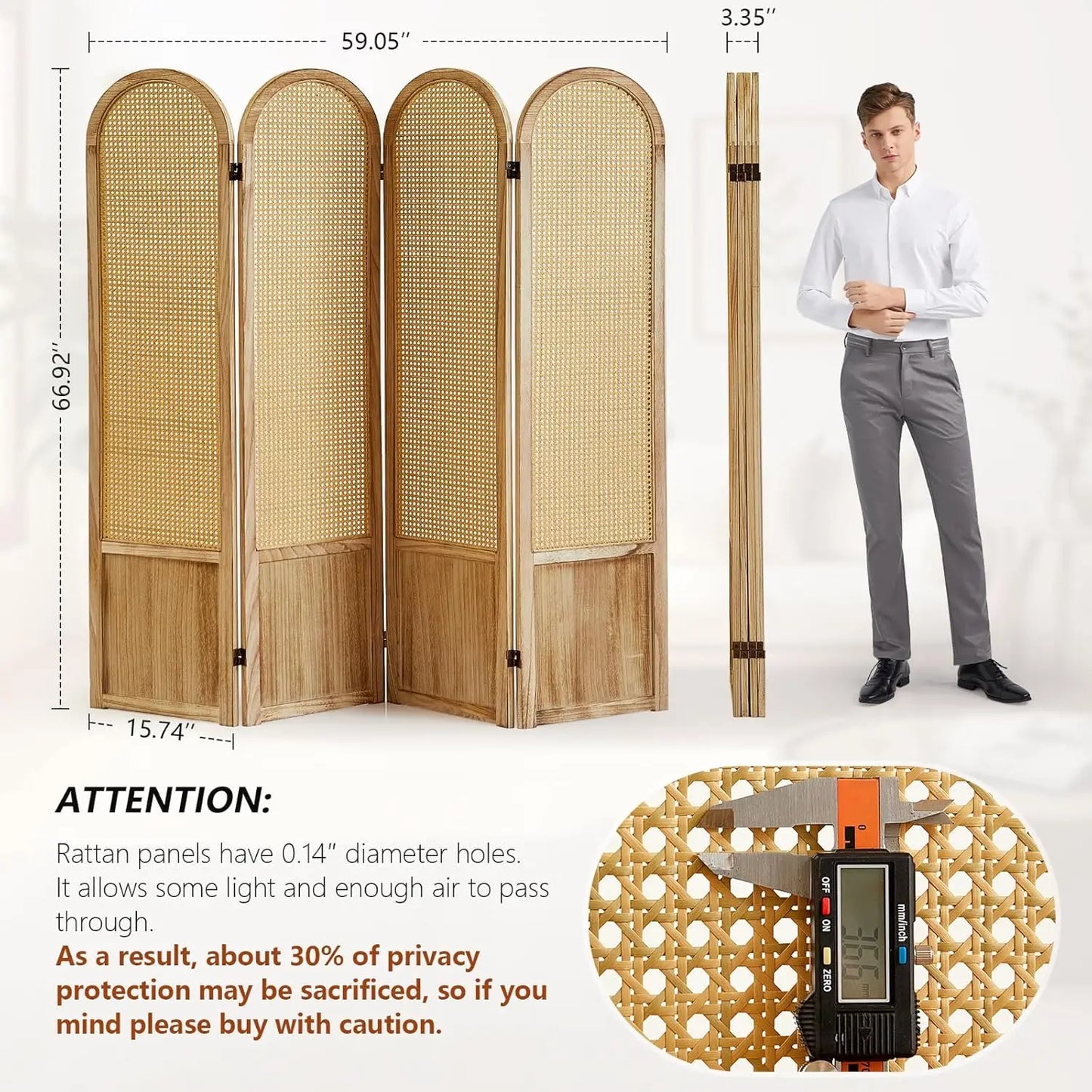 4 Panel Room Divider and Folding Privacy Screen, 5.6 Ft Foldable Double Hinged Rattan Partition, Hand-Woven Rattan, Customized
