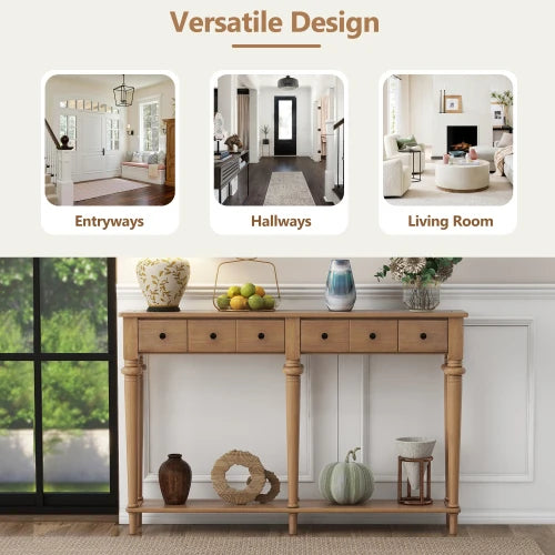 Rustic Pine Console Table with 4 Drawers and Open Shelf for Entryway