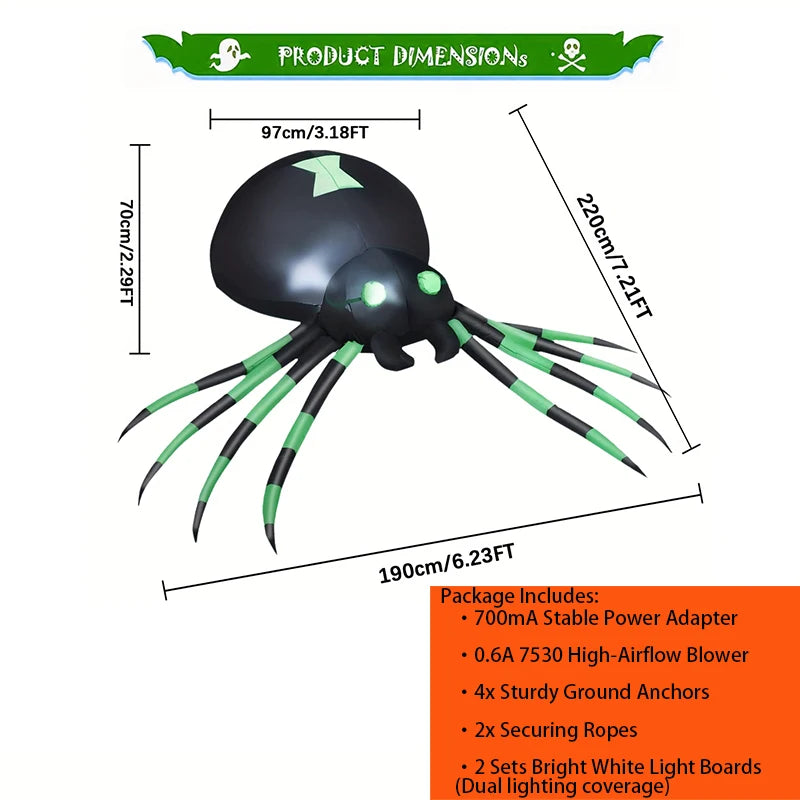 Giant 7.2FT LED Glowing Inflatable Spider Creepy Blow Up Yard Decor with Stakes & Blower, Outdoor Halloween Airblown Spider for Lawn Garden Party Quick Setup & Fast Deflate Design USA Warehouse Fast Shipping