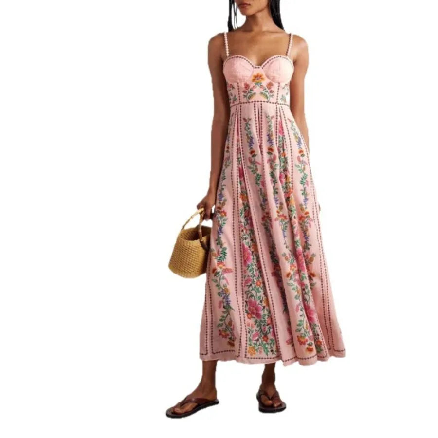 -  New European and American sexy decorative beads suspender positioning printed holiday dress for women