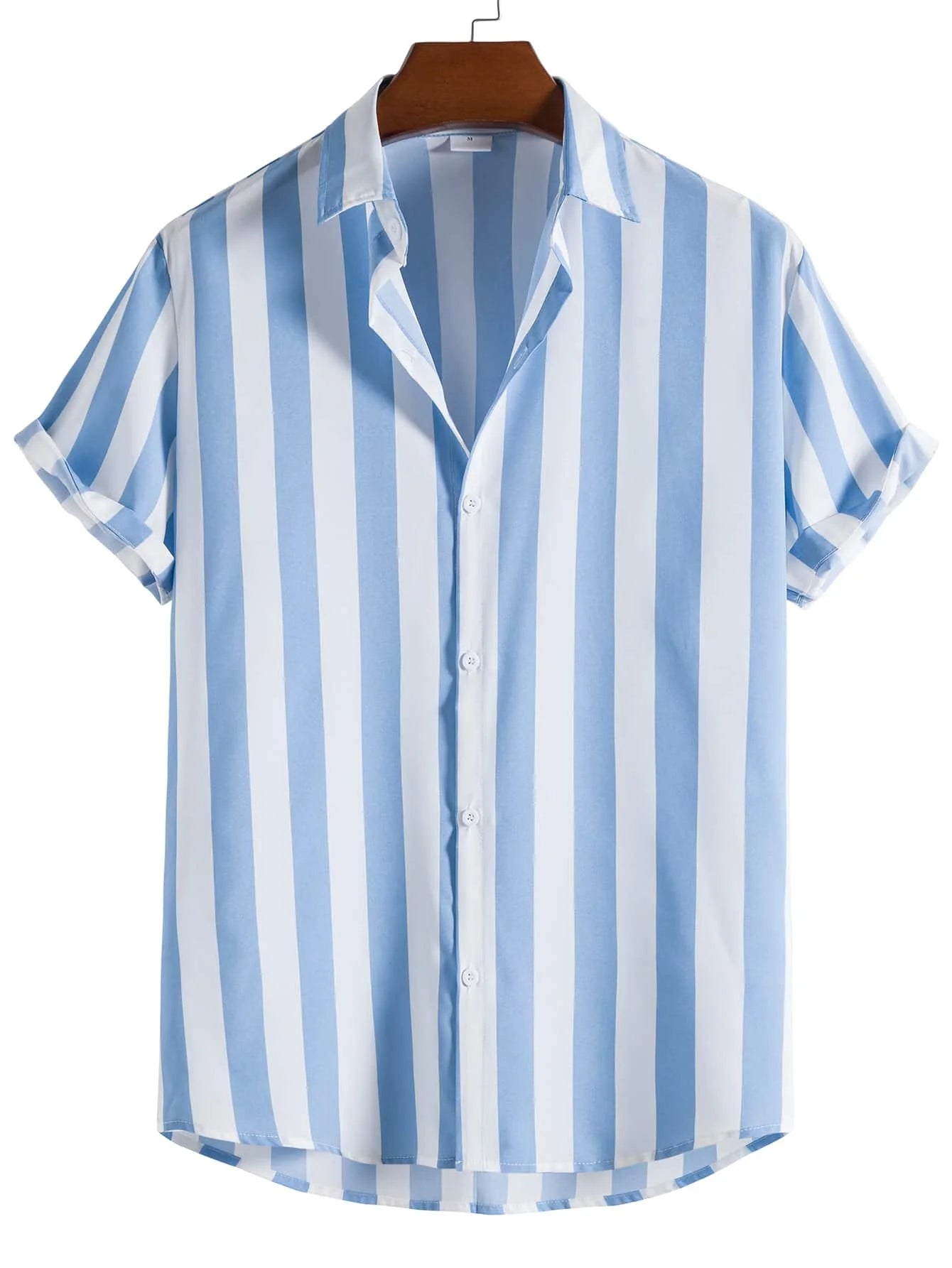 Men Vertical Striped Button Up Short Sleeve Shirt Casual