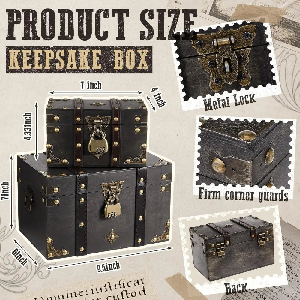 Wooden Pirate Chest 2-Size Set Combo-Lock Handmade Vintage Keepsake Jewelry Box
