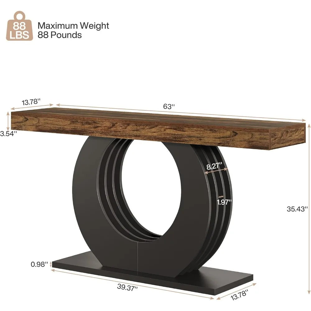 Wood Console Sofa Table, 63-Inch Rustic Industrial Farmhouse Entryway Table, Narrow Long Couch Console Behind Sofa with Black C