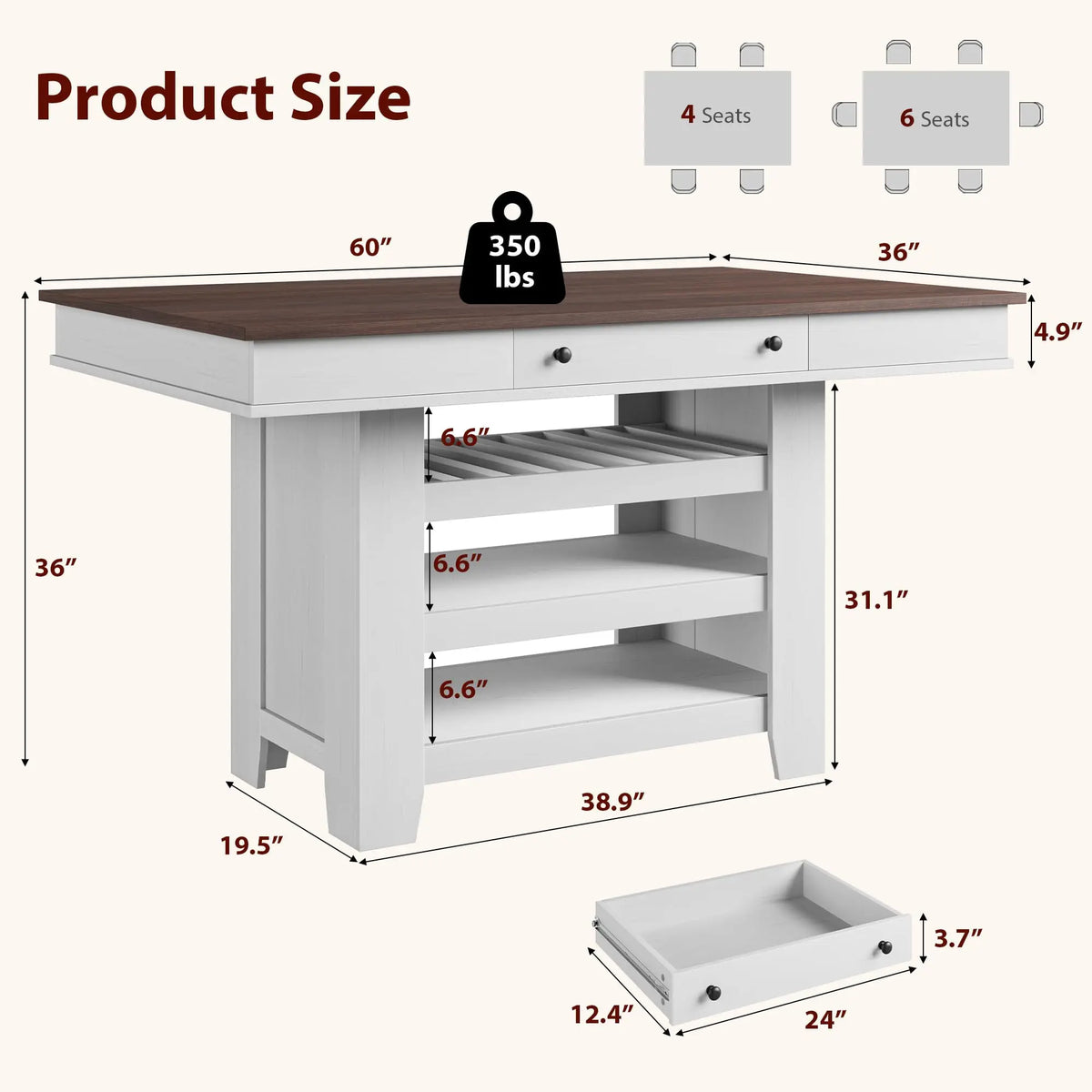 60 Inch Counter Height Dining Table For 4 To 6 With Wine Rack And Storage