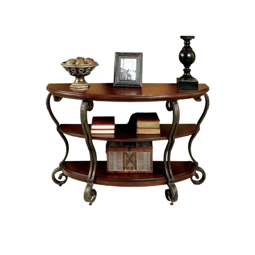 Traditional Brown Cherry Sofa Table With Open Shelf And Ornate Scroll Legs