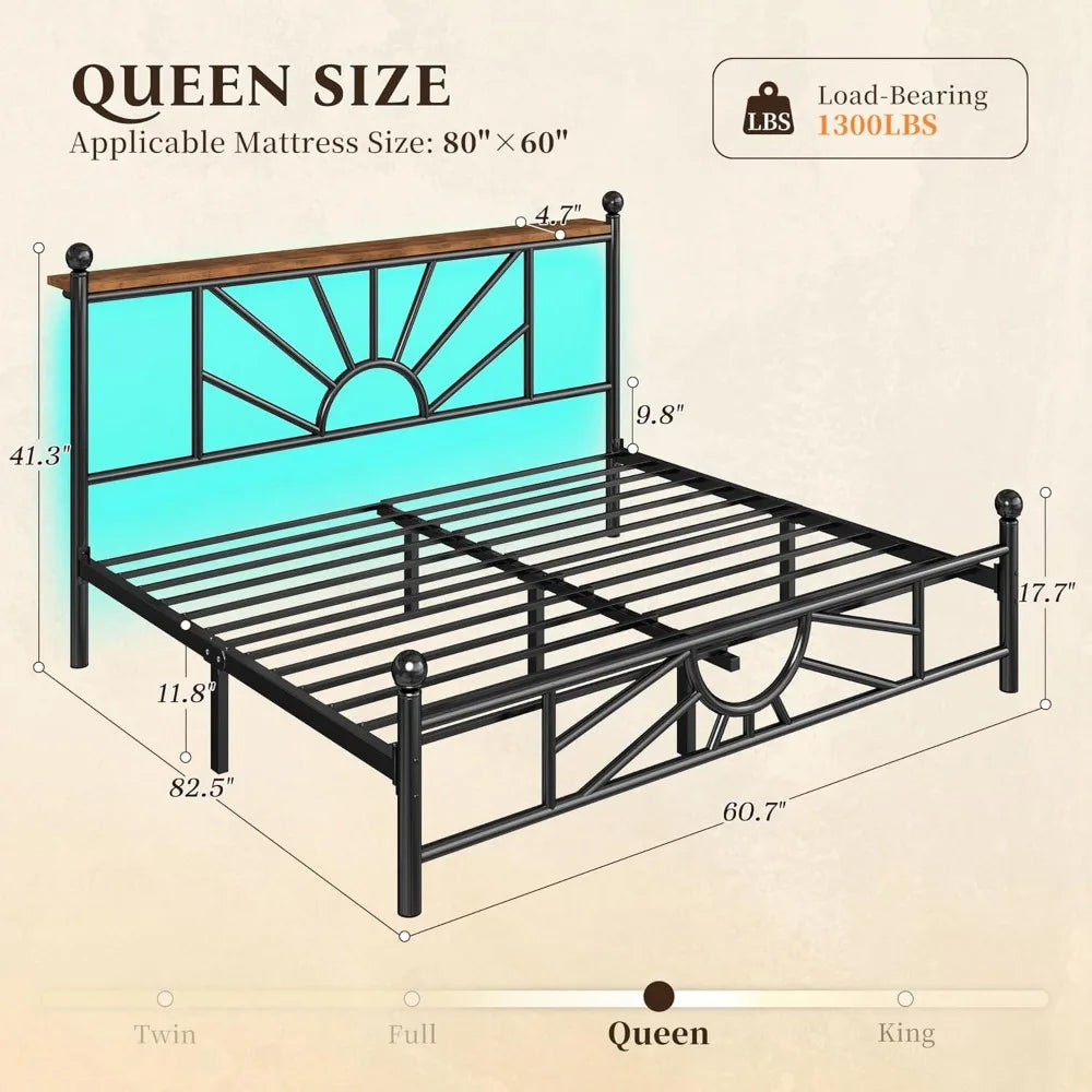 Metal Queen Bed Frame with Headboard and Footboard, Queen Size Bed Frame with LED Light, Mattress Foundation with Under Bed Stor