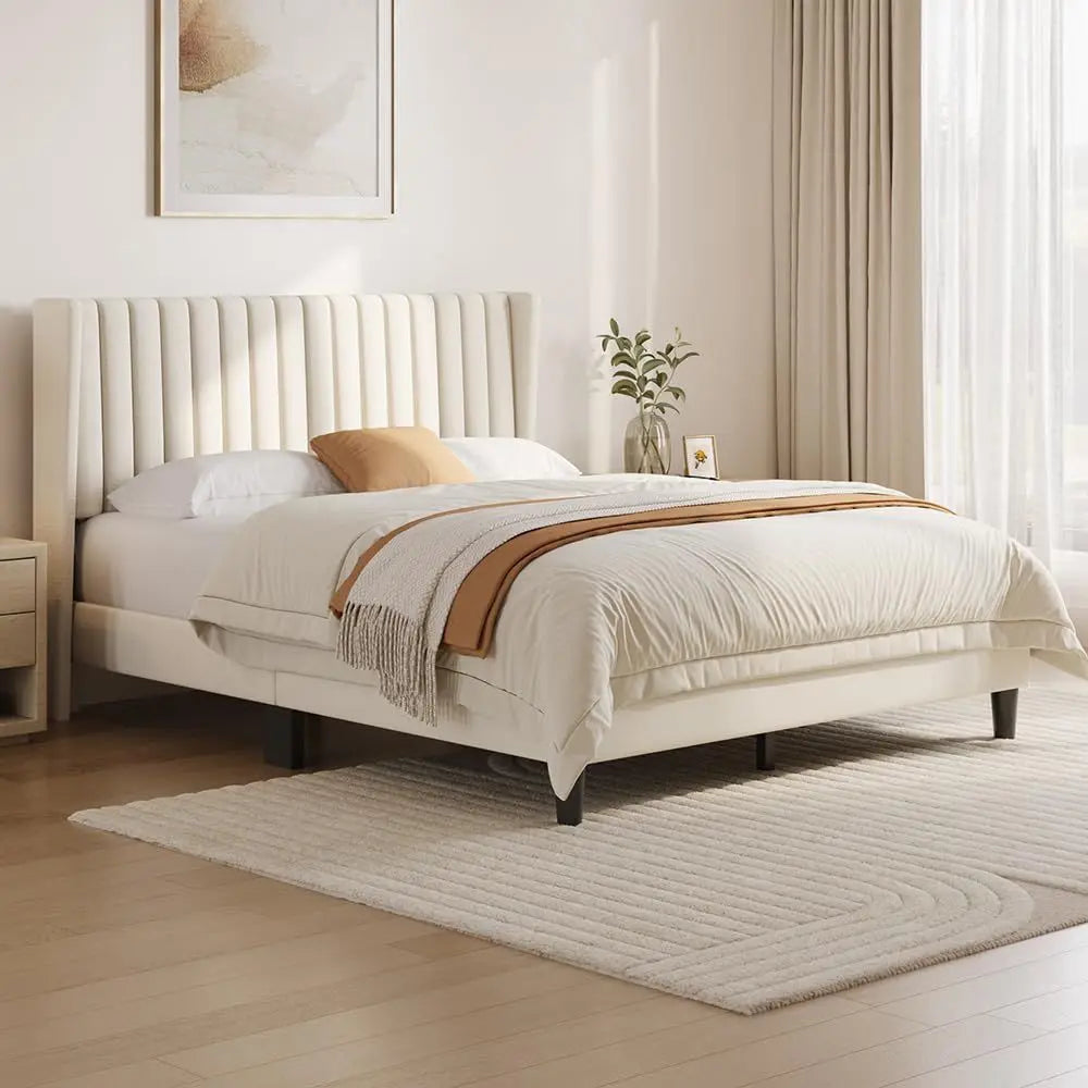 Queen Upholstered Bed Frame With Ivory Channel Tufted Headboard, Sturdy Platform Style