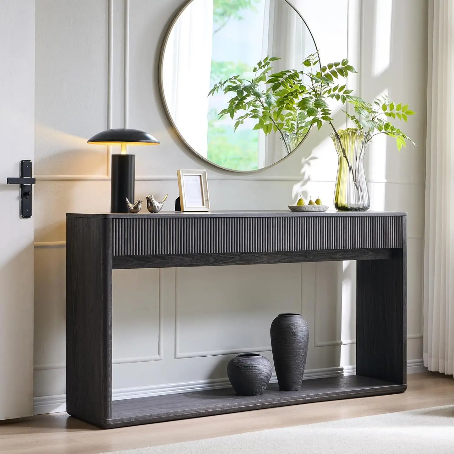 63" Fluted Console Table with 2 Large Drawers Long Entryway Sofa Table for Living Room Hallway Foyer Dark Walnut, Customized