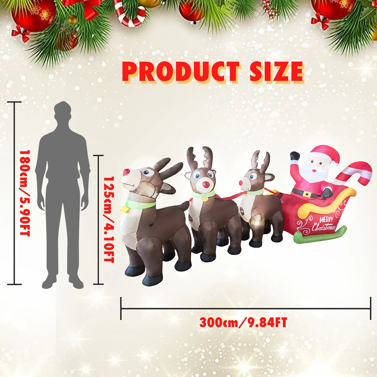 2026 New 9.8FT Christmas Big Inflatable Santa Sleigh with 3 Reindeer LED Blow Up Outdoor Yard Decor for Garden Lawn Holiday Party lovely Santa Claus LED Lighted
