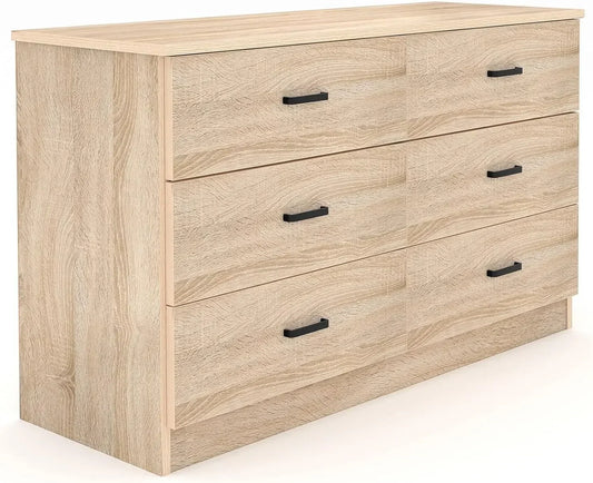 Wood Dresser for Bedroom, 6 Drawer Double Dresser with Metal Handles, 15.8" D x 47.2" W x 27.7" H, Light Oak