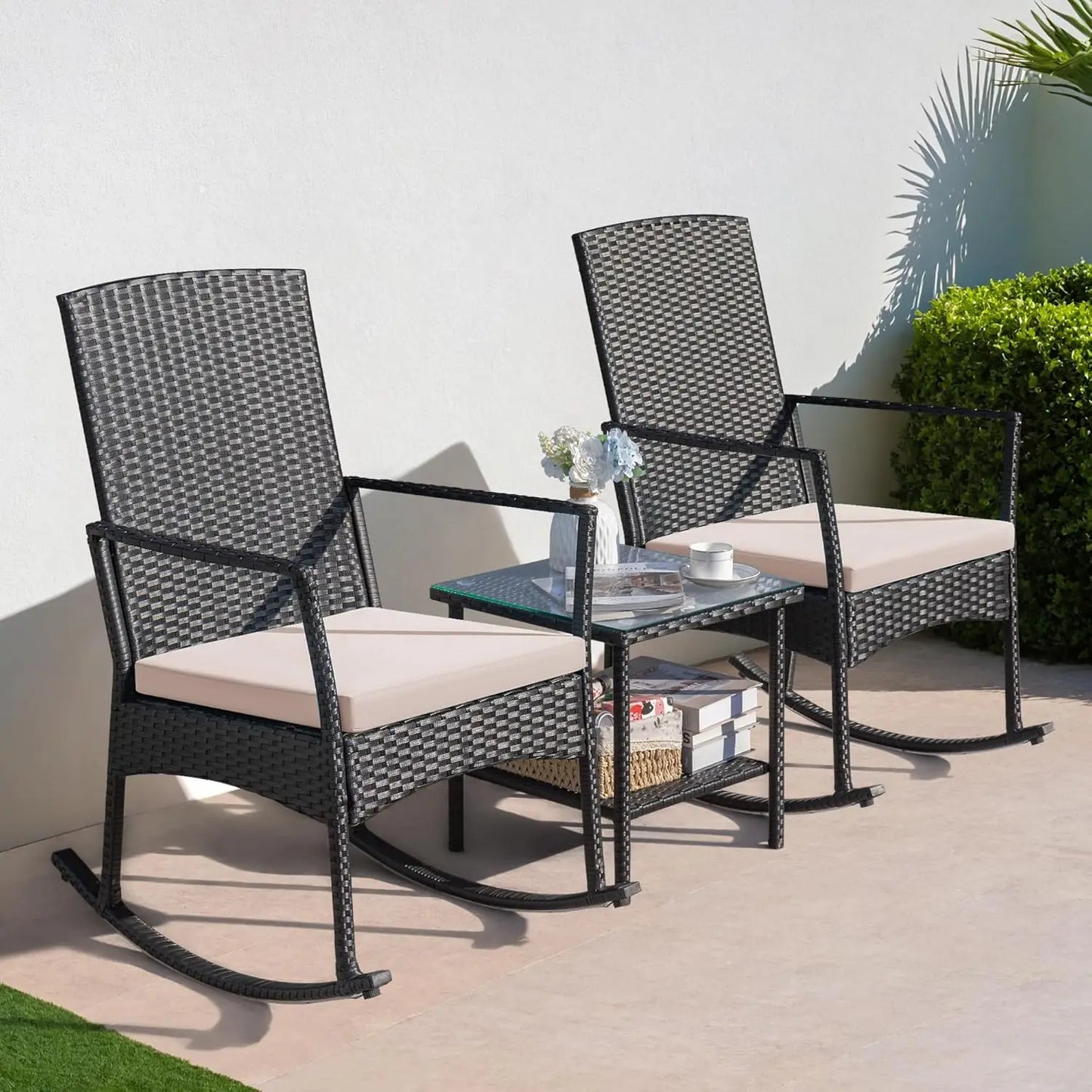 3pc Rattan Rocking Chair Patio Set w Glass Table for Garden Backyard Porch Poolside, Customized